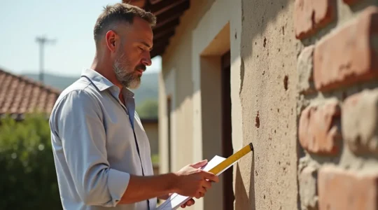 Expert inspectant une maison à Toulouse, analysant les fissures et défauts structurels
