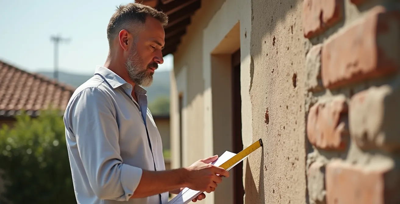 Expert inspectant une maison à Toulouse, analysant les fissures et défauts structurels