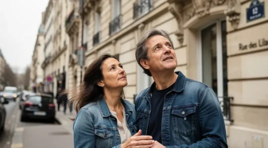Couple français observant une maison de ville en pierre, marché immobilier 2026