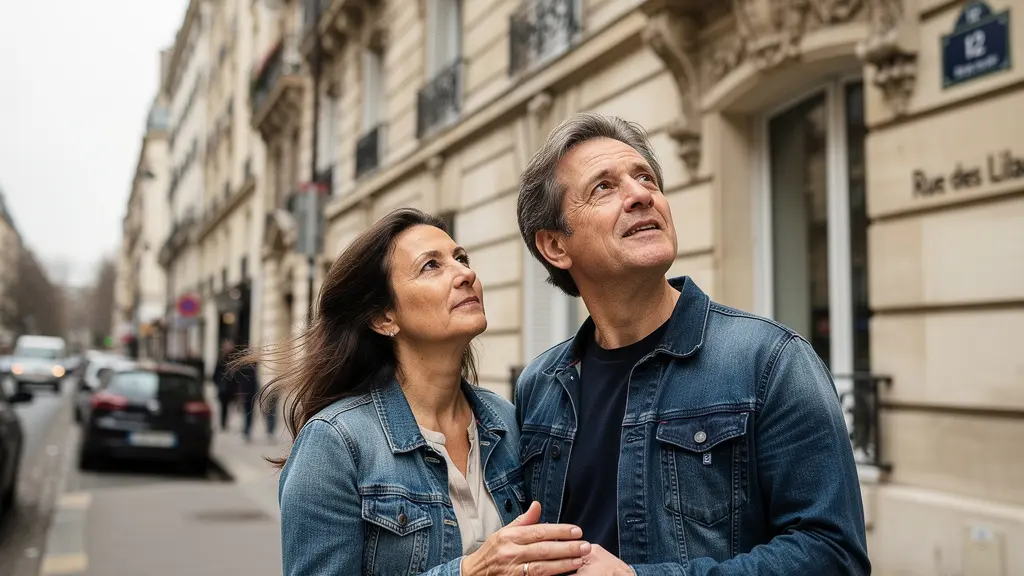 Couple français observant une maison de ville en pierre, marché immobilier 2026