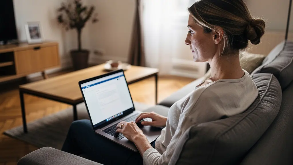 Femme consultant des annonces immobilières sur ordinateur dans un salon français