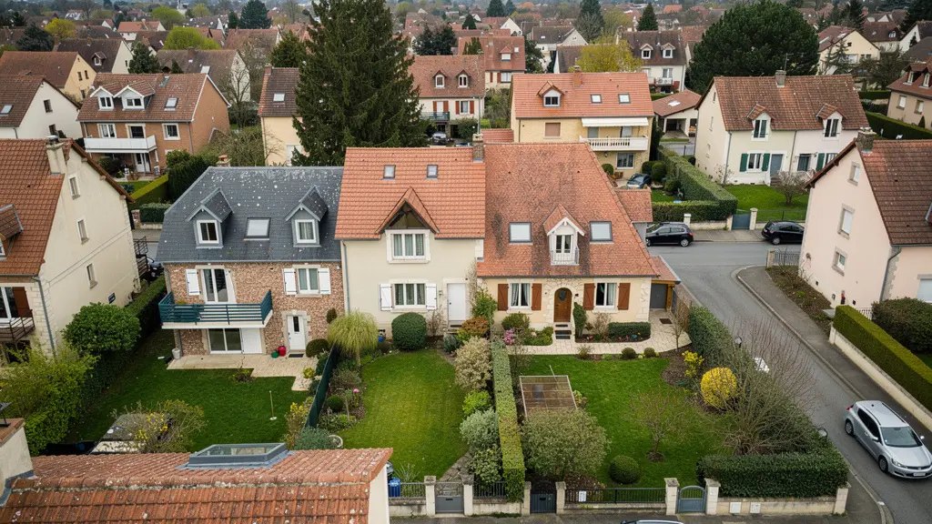 Vue aérienne d'un quartier résidentiel français avec toits de tuiles, tendances immobilières 2026