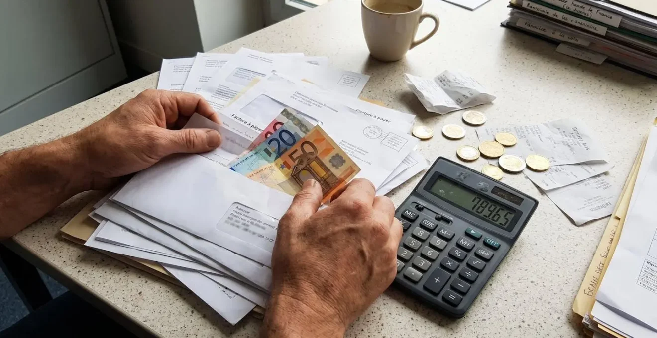 Gros plan sur des mains tenant plusieurs factures et enveloppes avec une calculatrice posée sur un bureau en bois, lumière naturelle