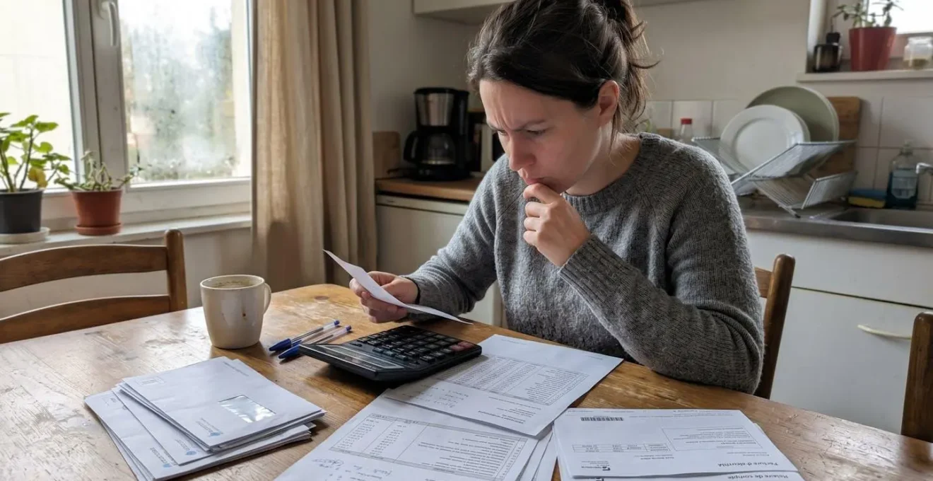 Une personne assise à une table de cuisine consulte attentivement des documents financiers avec une calculatrice, sous une lumière naturelle douce