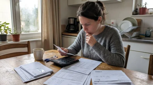 Une personne assise à une table de cuisine consulte attentivement des documents financiers avec une calculatrice, sous une lumière naturelle douce